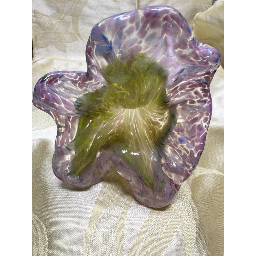 Murano Style Hand Blown Art Glass Flower Sculpture Pink White Green Stem 11.25"